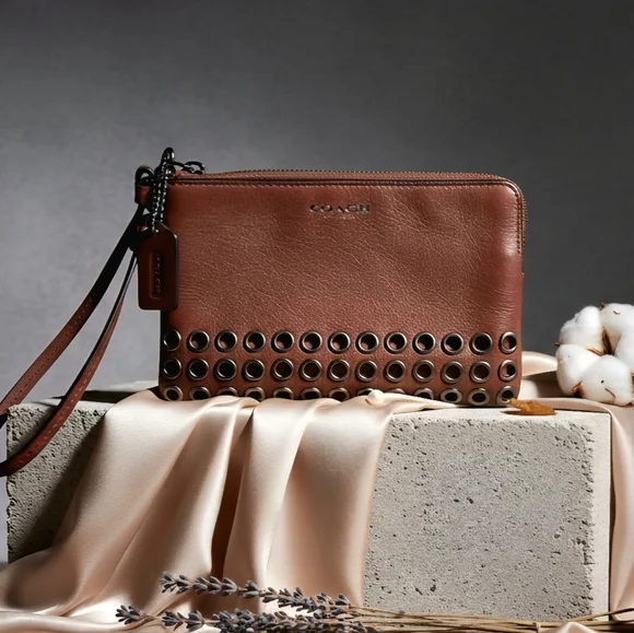 Coach Brown Leather Wristlet with Grommet Accents | Modern Classic Chic Style - Picture 13 of 13